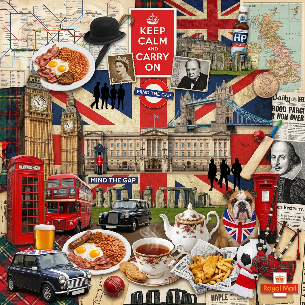 Collage of British landmarks, foods, symbols, and cultural icons on Union Jack background